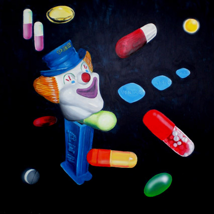 toy painting of a pez clown with pills