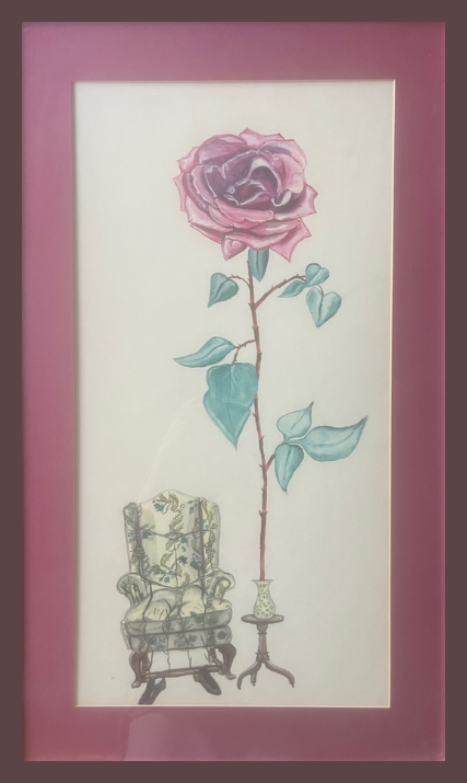 early water color painting of a figure and rose