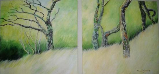 surreal tree painting of a group of trees flirting with each other